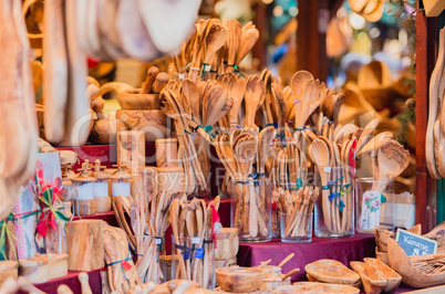 Wooden kitchen accessories shop at the Christmas market in Hamburg