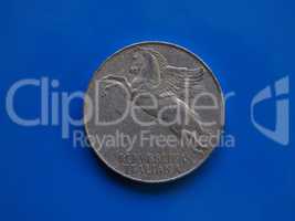 10 liras coin, Italy over blue