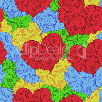 Multicolour seamless floral pattern with hearts