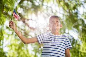 Boy holding small american flag