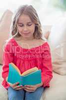Girl reading a novel on sofa in living room