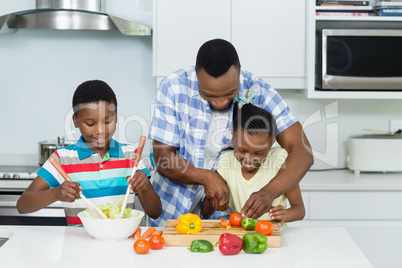 Father assisting their kids in preparing salad in kitchen