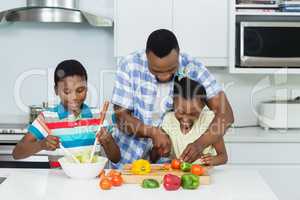 Father assisting their kids in preparing salad in kitchen