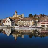 Old town Schaffhausen mirroring in the Rhine