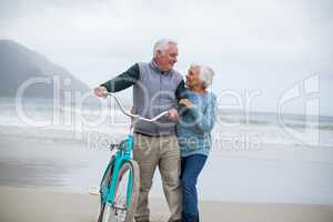 Senior couple standing with bicycle on the beach