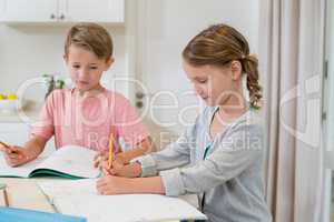 Siblings doing homework in living room