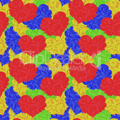 Colourful seamless floral pattern with hearts