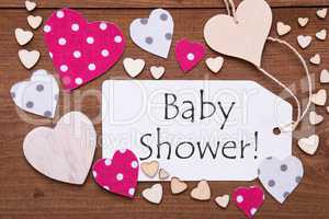 Label, Pink Hearts, Text Baby Shower