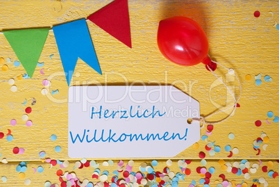 Party Label, Confetti, Balloon, Herzlich Willkommen Means Welcome