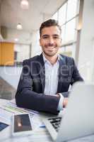 Happy businessman using laptop at desk