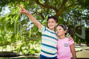 Siblings pointing and looking away in park