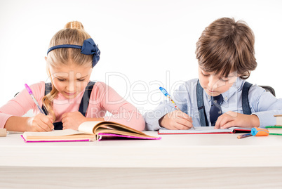 Classmates writing homework in notebooks