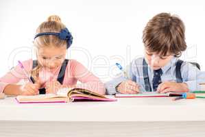 Classmates writing homework in notebooks