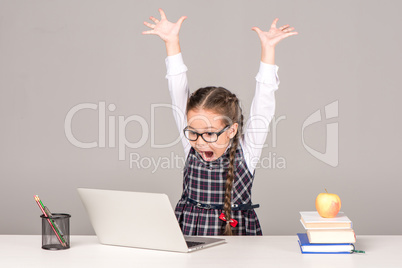 Schoolgirl at desk with laptop