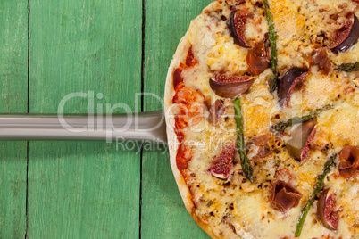 Delicious italian pizza served on pizza peel