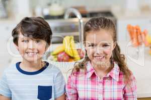 Portrait of sibling smiling in kitchen