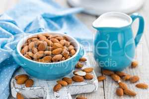 Fresh almond milk and nuts, vegan drink