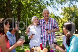 Happy family having red wine in park