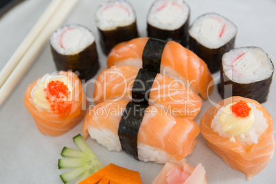 Various sushi served on plate