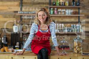 Portrait of waitress sitting at counter