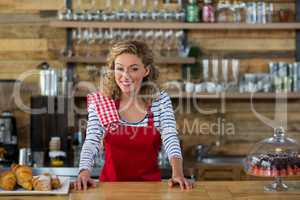 Portrait of smiling waitress standing at counter