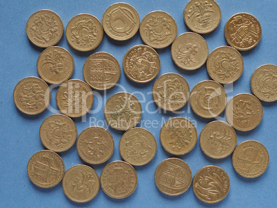 Pound coins, United Kingdom over blue