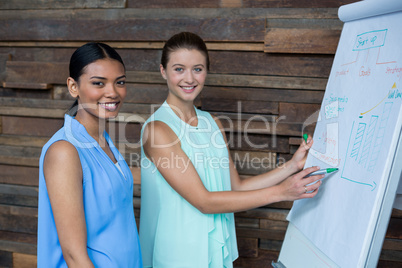 Business executives discussing over white board in office