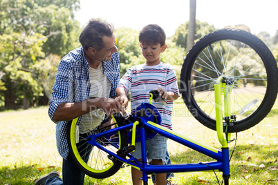 Son and father repairing their bicycle in park