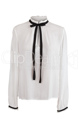 Elegant white blouse with frills around the collar and sleeves,