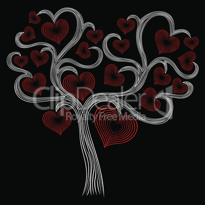 Stylised white tree with red hearts