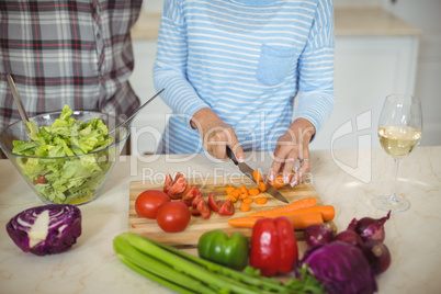 Senior couple preparing vegetable salad