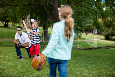 Family playing baseball in the park