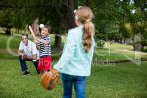 Family playing baseball in the park