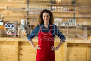Portrait of smiling waitress standing with hands on hip at counter