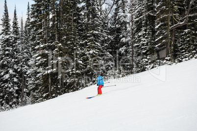 Skier skiing on snow covered mountain slope