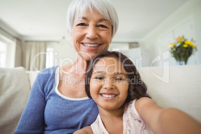 Portrait of smiling granddaughter and grandmother sitting on sofa in living room
