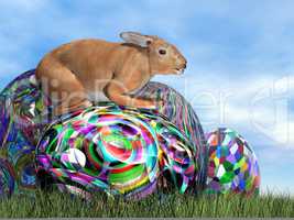 Rabbit on its colorful egg for Easter - 3D render