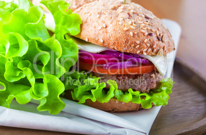 Cheeseburger with salad, onion