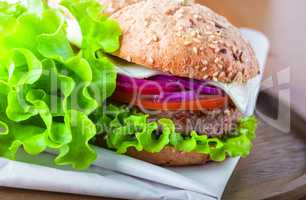 Cheeseburger with salad, onion