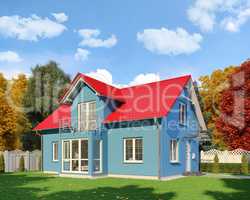3d - blue single family house - autumn - day