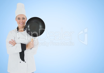 Composite image of Chef with frying pan against blue background