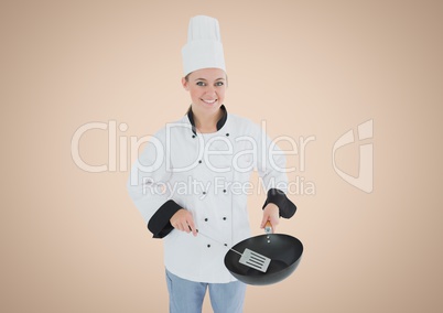 Chef with pan against cream background