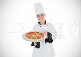Chef with pizza against white background