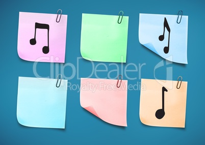 Sticky Note with Music Icons against a neutral blue background