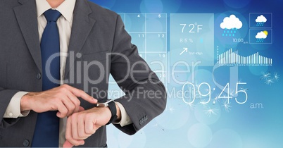 Businessman Torso showing his watch against digital interface