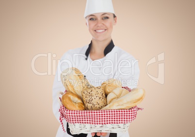 Chef with bread against cream background