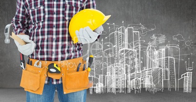 Carpenter with hammer against sketch of skyline