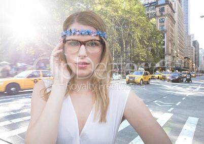 Composite image of Hippie on street with flare