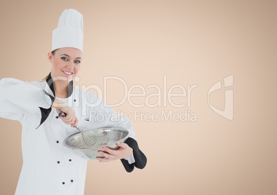 Composite image of Chef with bowl against cream background