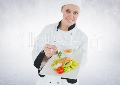 Composite image of Chef with plate of food against white background